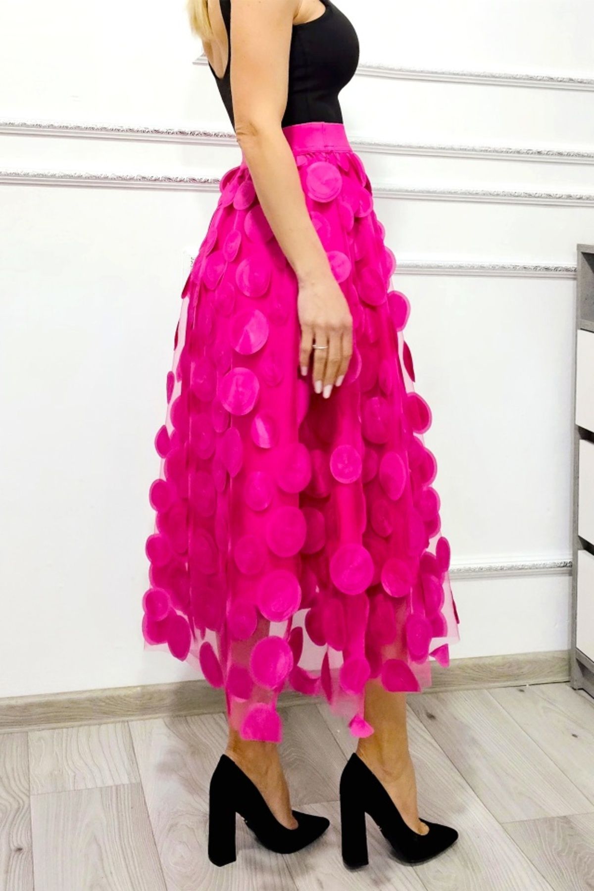 FashionForYou-Zefira Occasion Skirt, with tulle, satin applications and 3D polka dots, Fuchsia, Size S/M 4