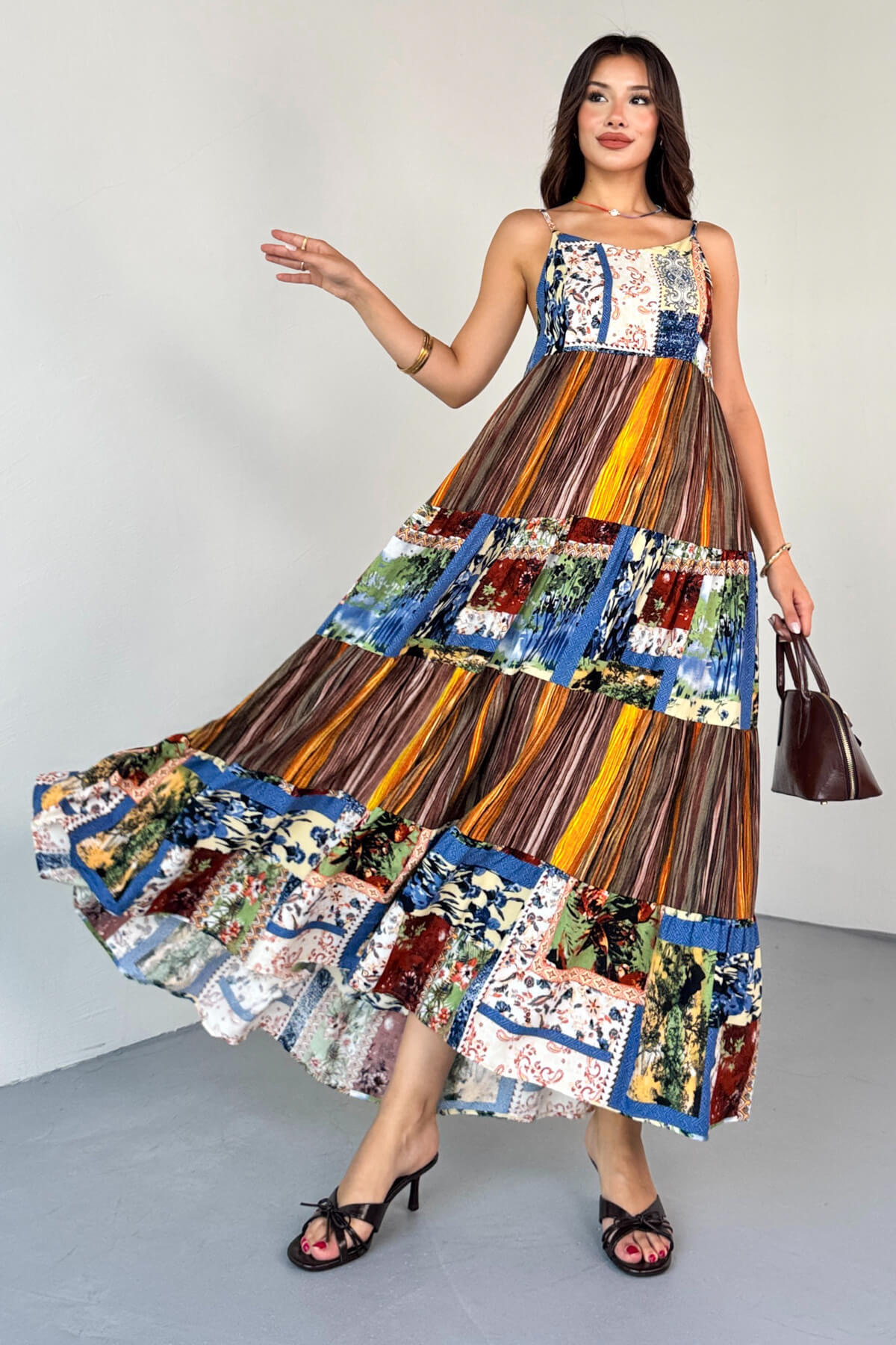 Cappmoda-Elb-1828 Brown Multicolor Ethnic Pattern Layered Viscose Strap Dress 5