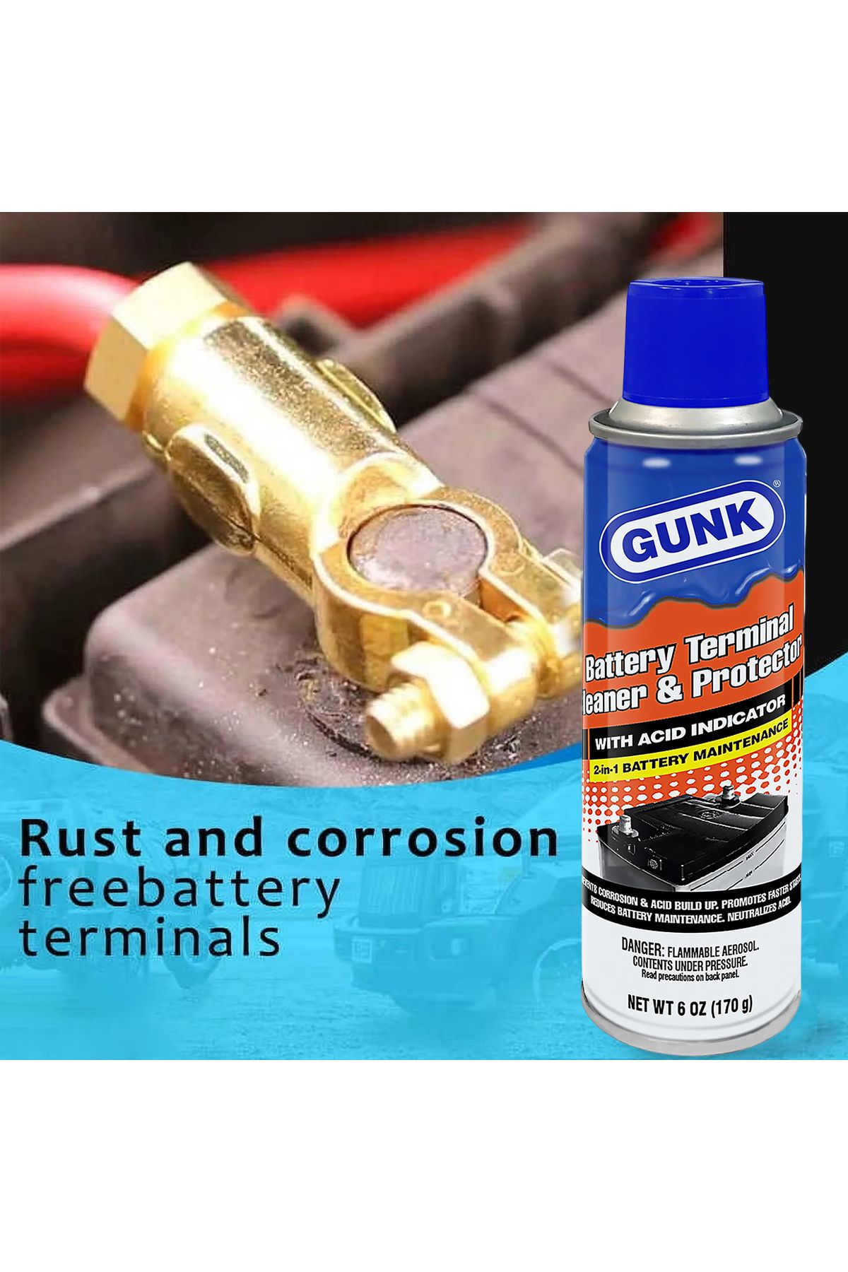 Gunk-Battery Terminal Cleaner & Protector 6oz (170g) - With Acid Indicator for Battery Care 7