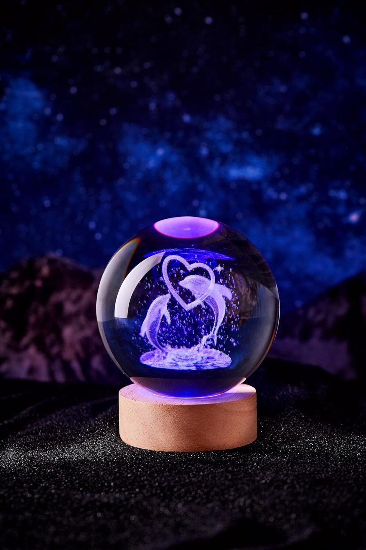 Wolawood Yunus Balığı Temalı Kristal Cam Küre 3D Led Işıklı USB'li Ahşap Tabanlı Renk Değiştiren Gece Lambası fotoğrafı 3 (önizleme)