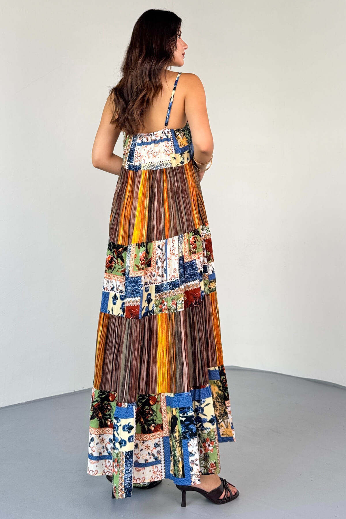 Cappmoda-Elb-1828 Brown Multicolor Ethnic Pattern Layered Viscose Strap Dress 6