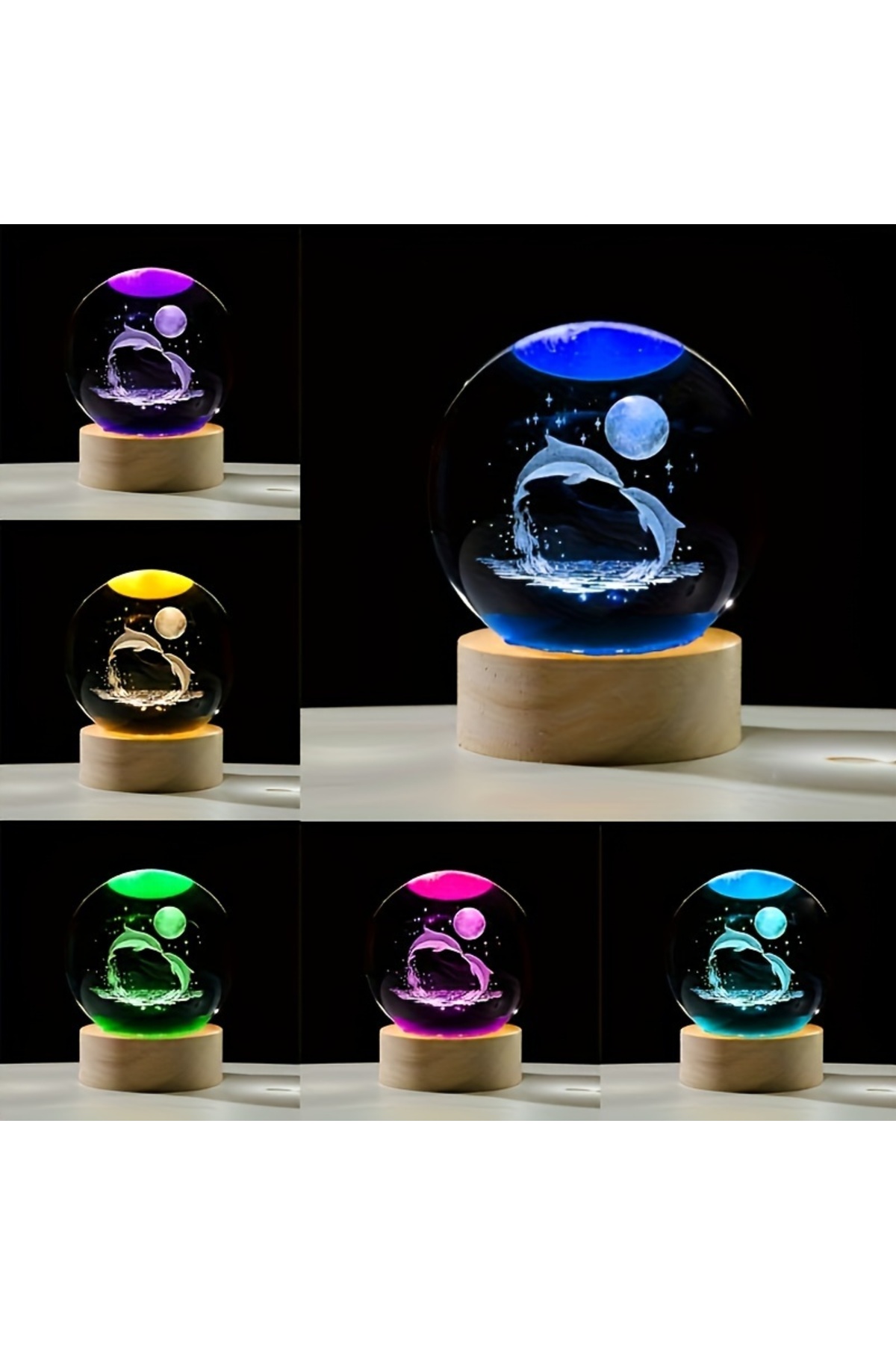 Wolawood Yunus Balığı Temalı Kristal Cam Küre 3D Led Işıklı USB'li Ahşap Tabanlı Renk Değiştiren Gece Lambası fotoğrafı 6 (önizleme)