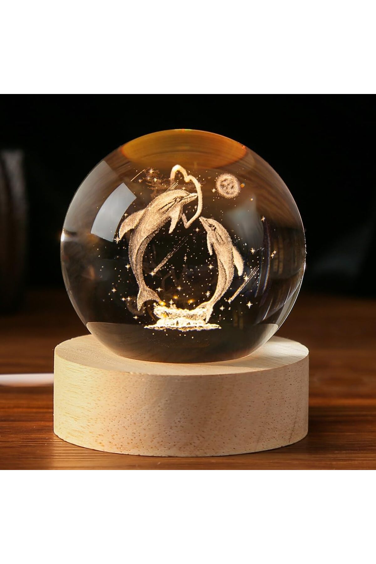 Wolawood Yunus Balığı Temalı Kristal Cam Küre 3D Led Işıklı USB'li Ahşap Tabanlı Renk Değiştiren Gece Lambası fotoğrafı 7 (önizleme)