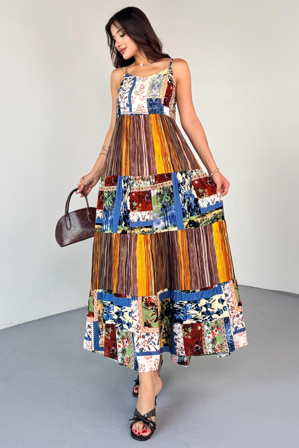 Cappmoda-Elb-1828 Brown Multicolor Ethnic Pattern Layered Viscose Strap Dress 1