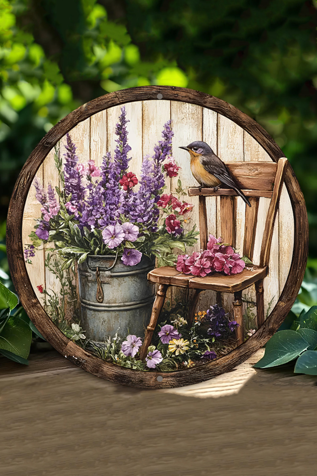 🎨 Ahşap Sandalye ve Kuş Temalı Dekoratif Duvar Süsü – 20x20 cm 🐦🌸🌸 DT047