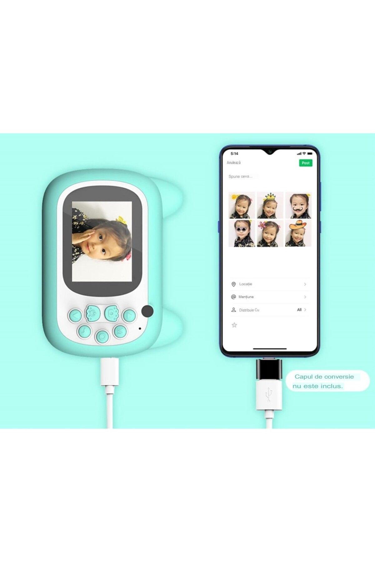 Flippy-Cameră instantanee, Flippy, Selfie, Imprimare alb-negru, USB-C, Bluetooth, iOS/Android, Albastră 10