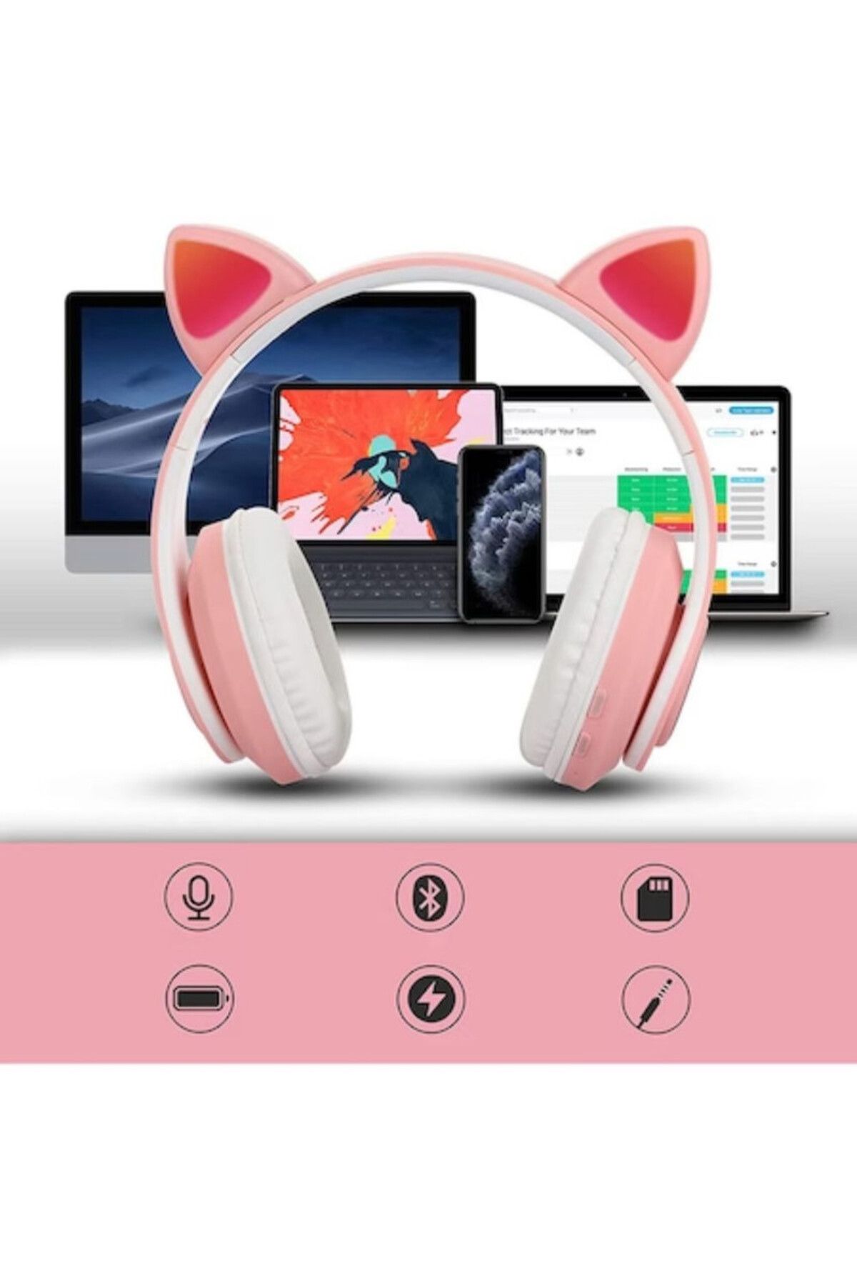 Mercaton-Wireless headphones with microphone, Bluetooth 5.0, card slot, RGB LED, cat ear design 4