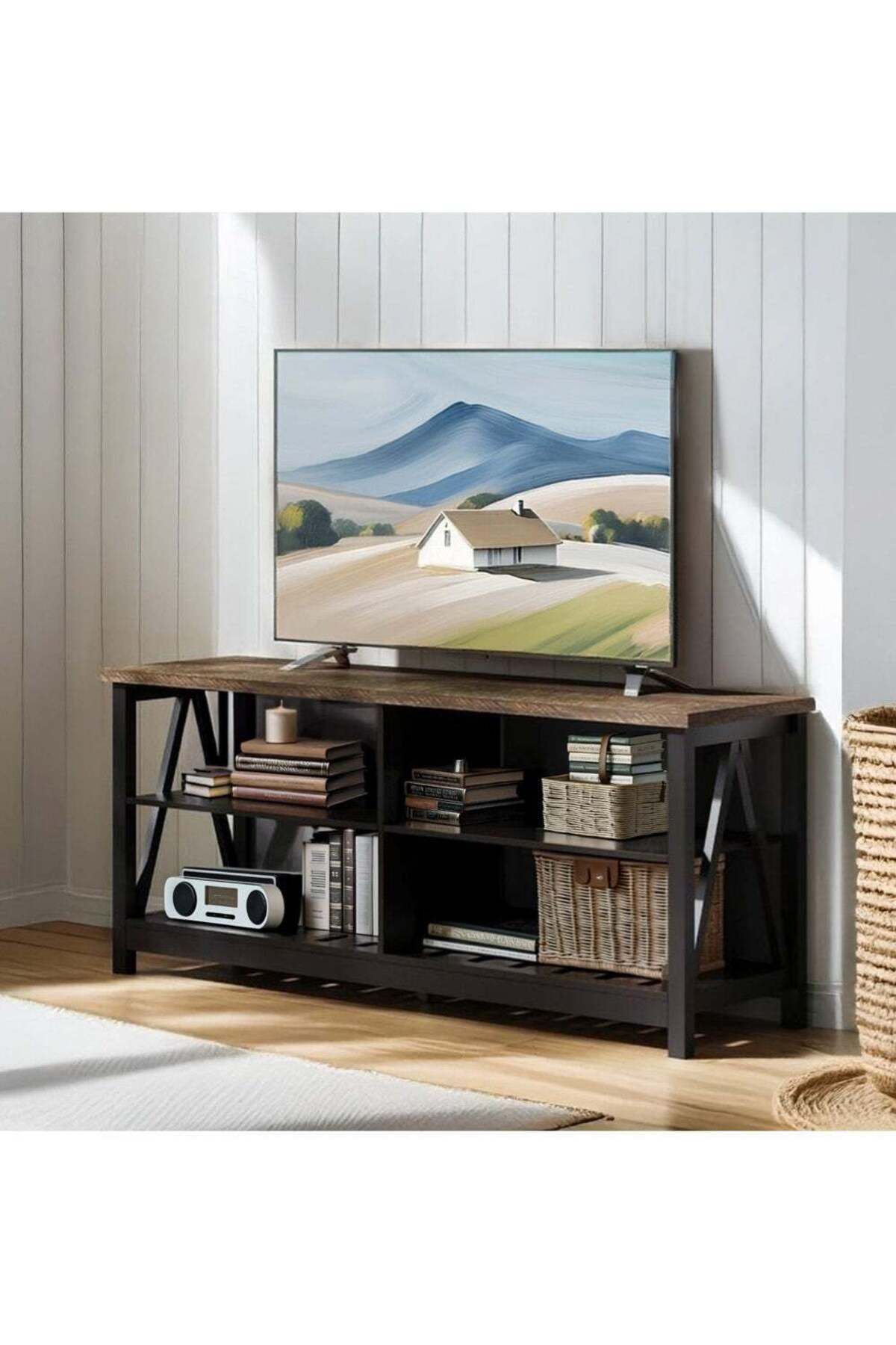 AGD-TV Console up to 55 inches with Rustic Design, Center Table with 4 Open Shelves, for Living Room and 1