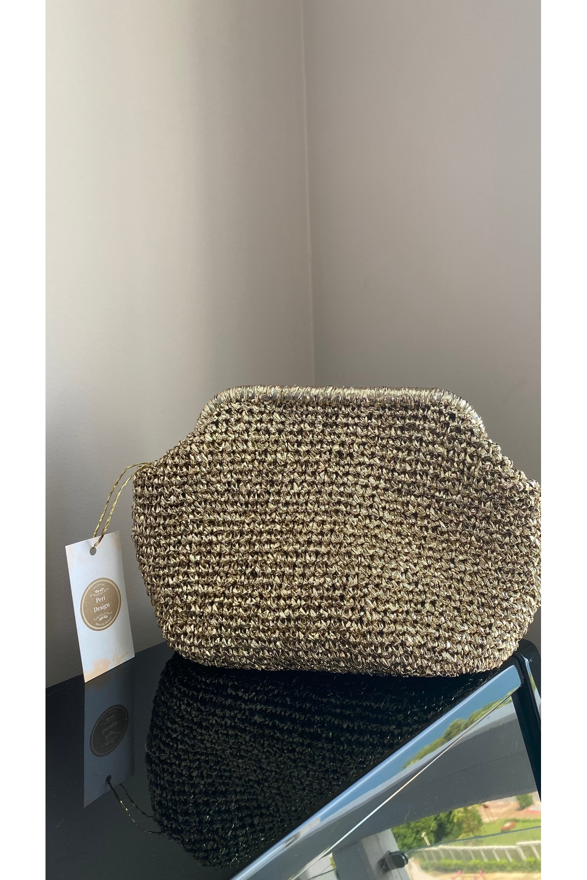 PeriStore Peridesign Soft Altın El Örmesi Portföy Çanta Açık Gold Rengi 25x20 cm Astarlı görsel 3
