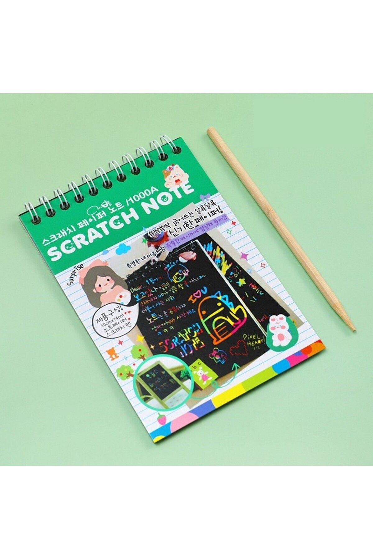 Flippy-Carte de răzuit, Scratch magic DIY, 12 coli, Curcubeu, Creion din lemn, Cartonașe negre, Verde 4