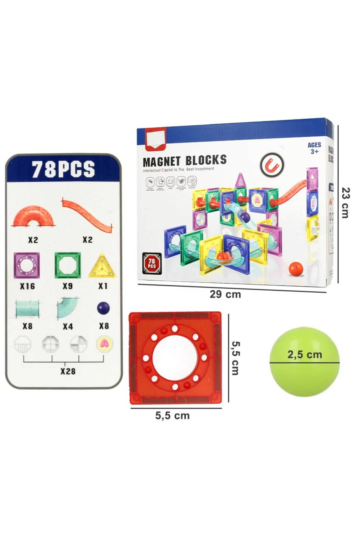 İSP-Set Educativ si Creativ Magnetic 2 in 1 cu 78 Piese, Traseu Bila, "Mini 78 MAGNET BLOCKS", Numeroase 7