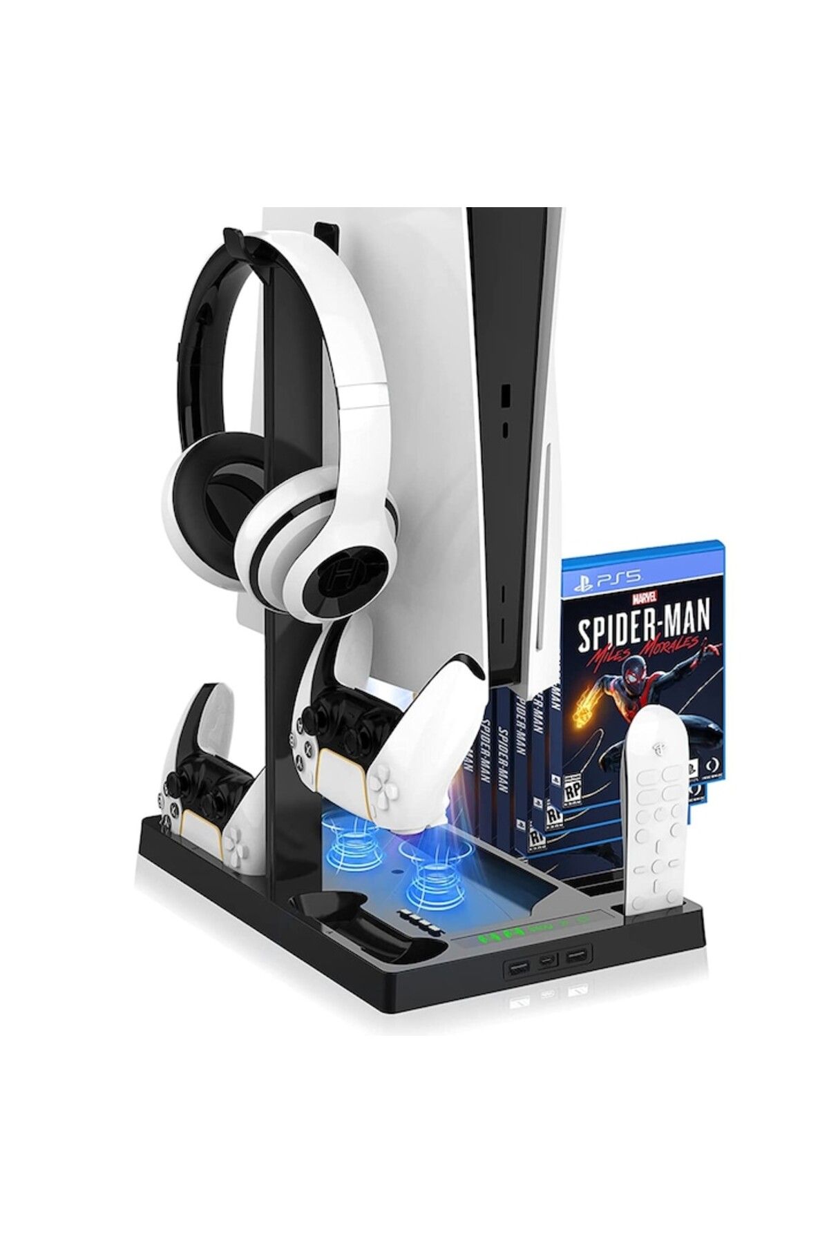 LEBLOU-PS5 Stand with Dual Cooling, Controller Charging, Headset, Remote and Game Support 3