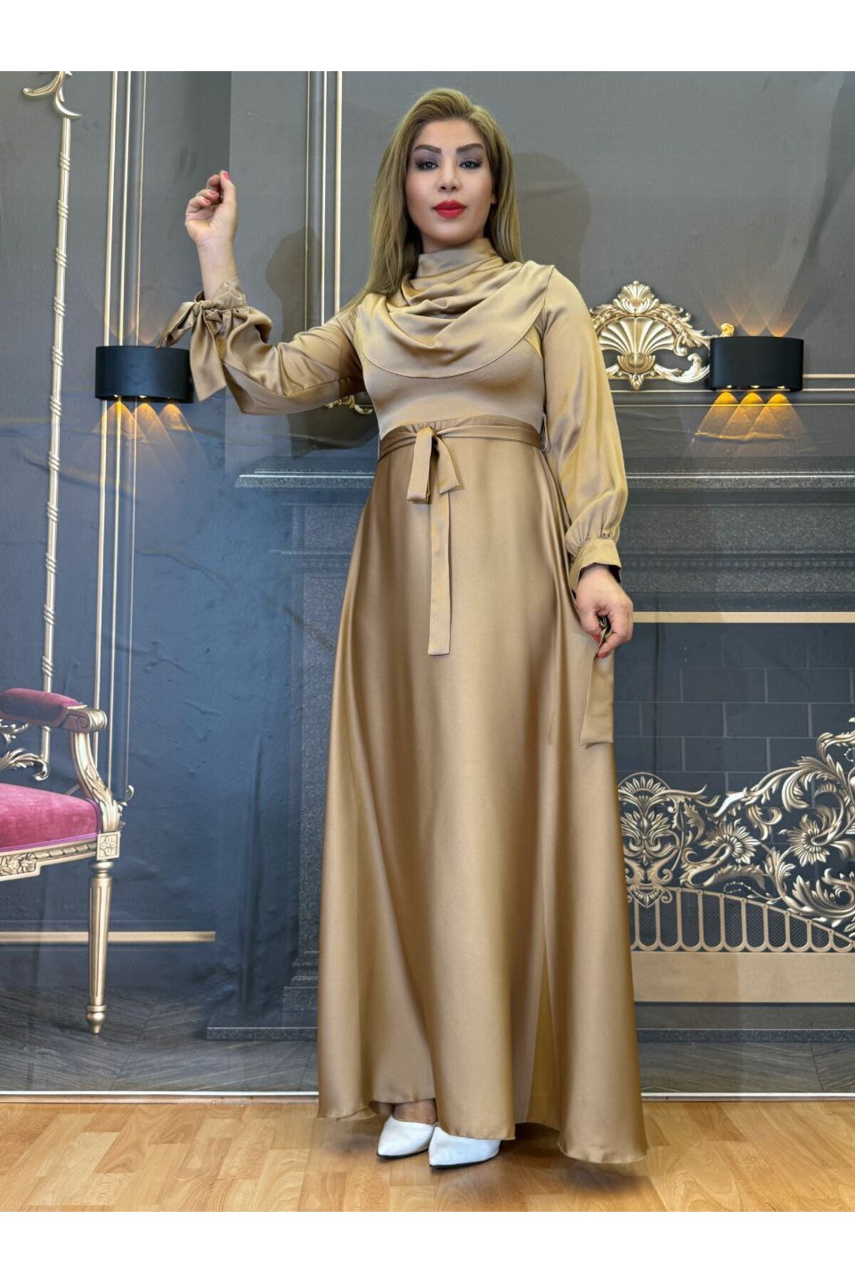 Yeşilmoda Uzun Abiye Elbise Saten kumaş Tesettür elbise,Drape yaka Kadın Bağcıklı uzun kollu altın ve siyah