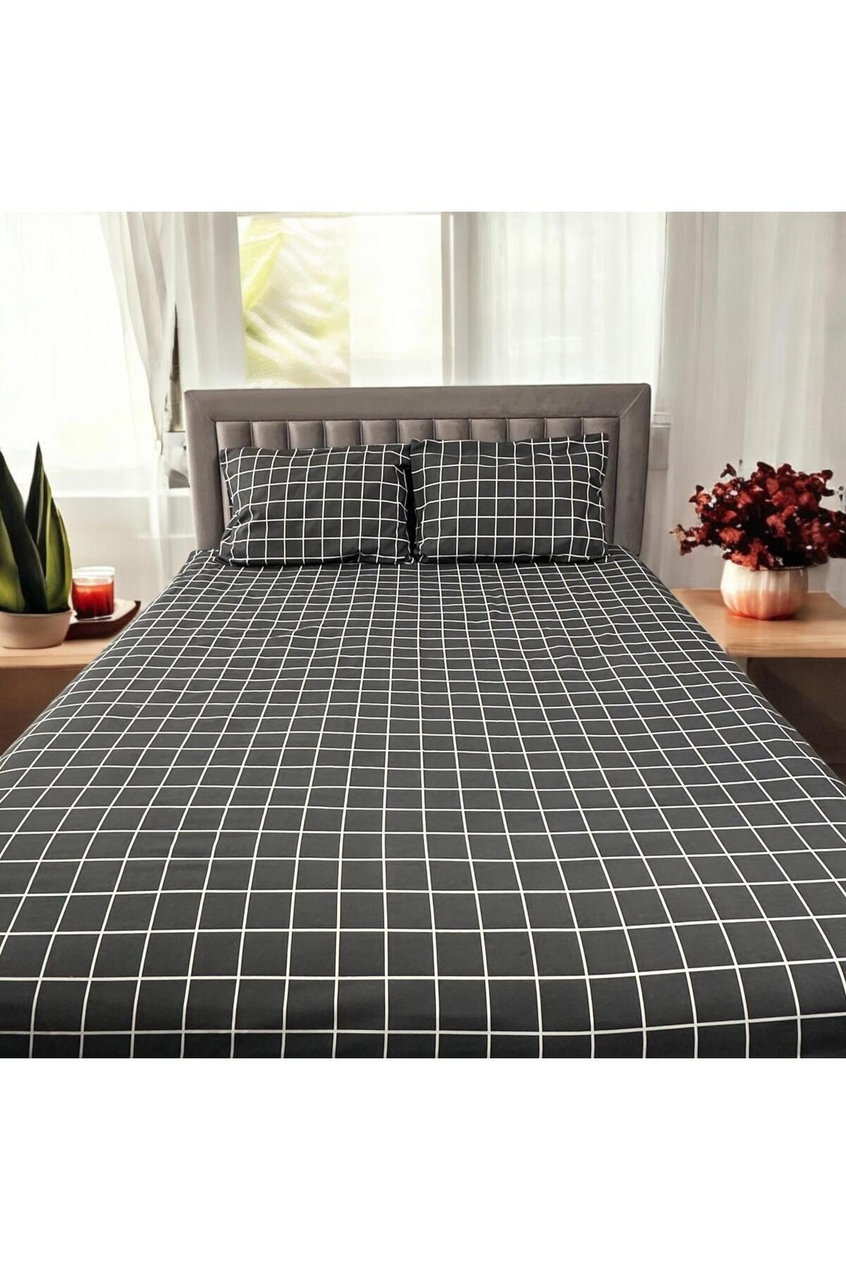 Arma Concept-Double Square Patterned Ranforce Fabric Fitted Elastic Sheet & 2 Pillowcases 1