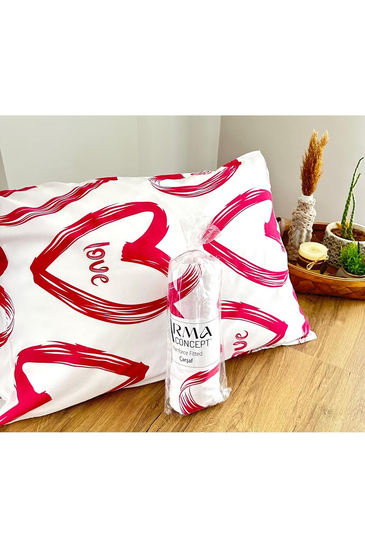 Arma Concept-Double Heart Pattern Ranforce Fabric Fitted Elastic Sheet & 2 Pillowcases 3