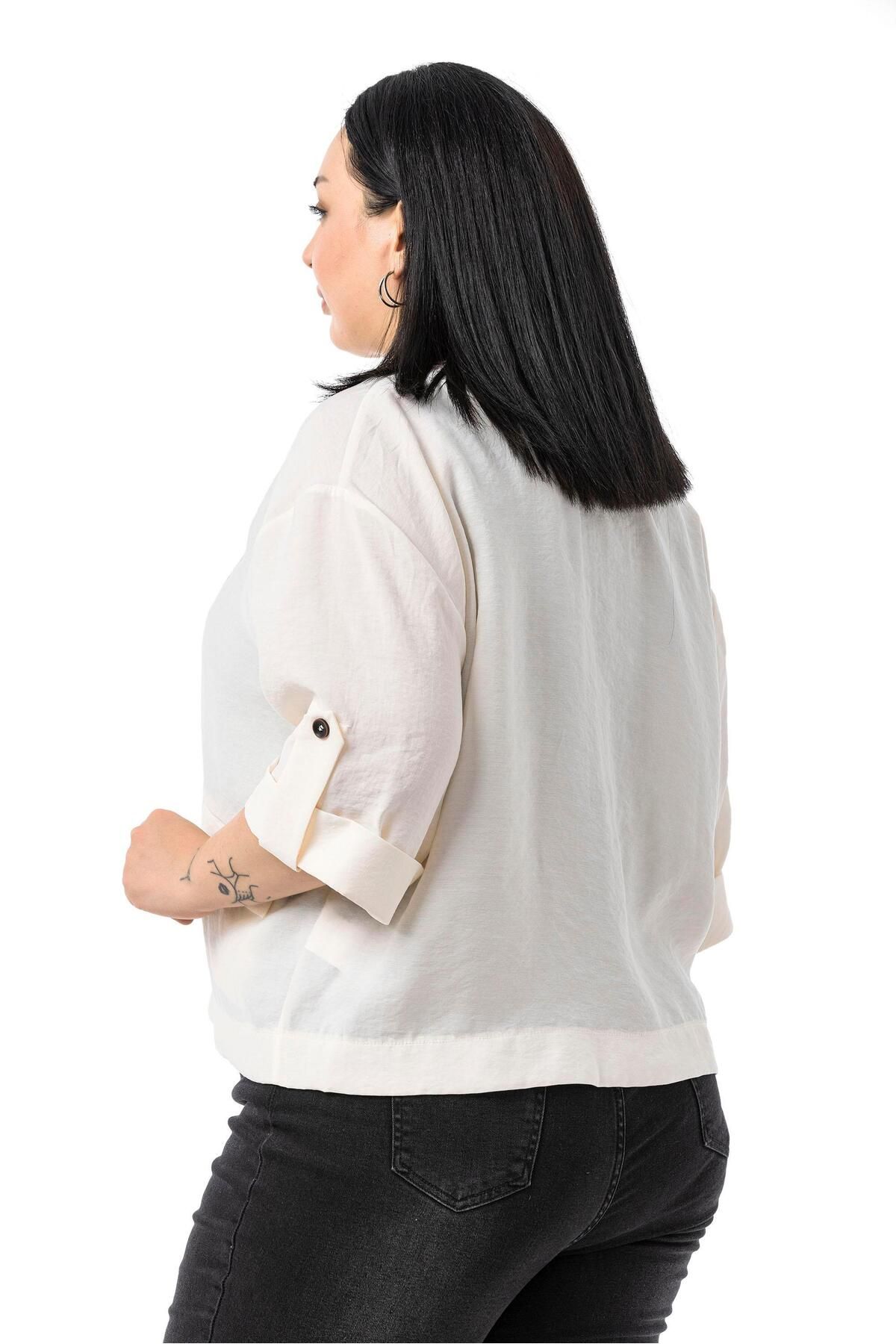 DISENTIS MODEST-Plus Size Single Button Short Beige Jacket with Low Half Sleeves Epaulettes Pockets 5