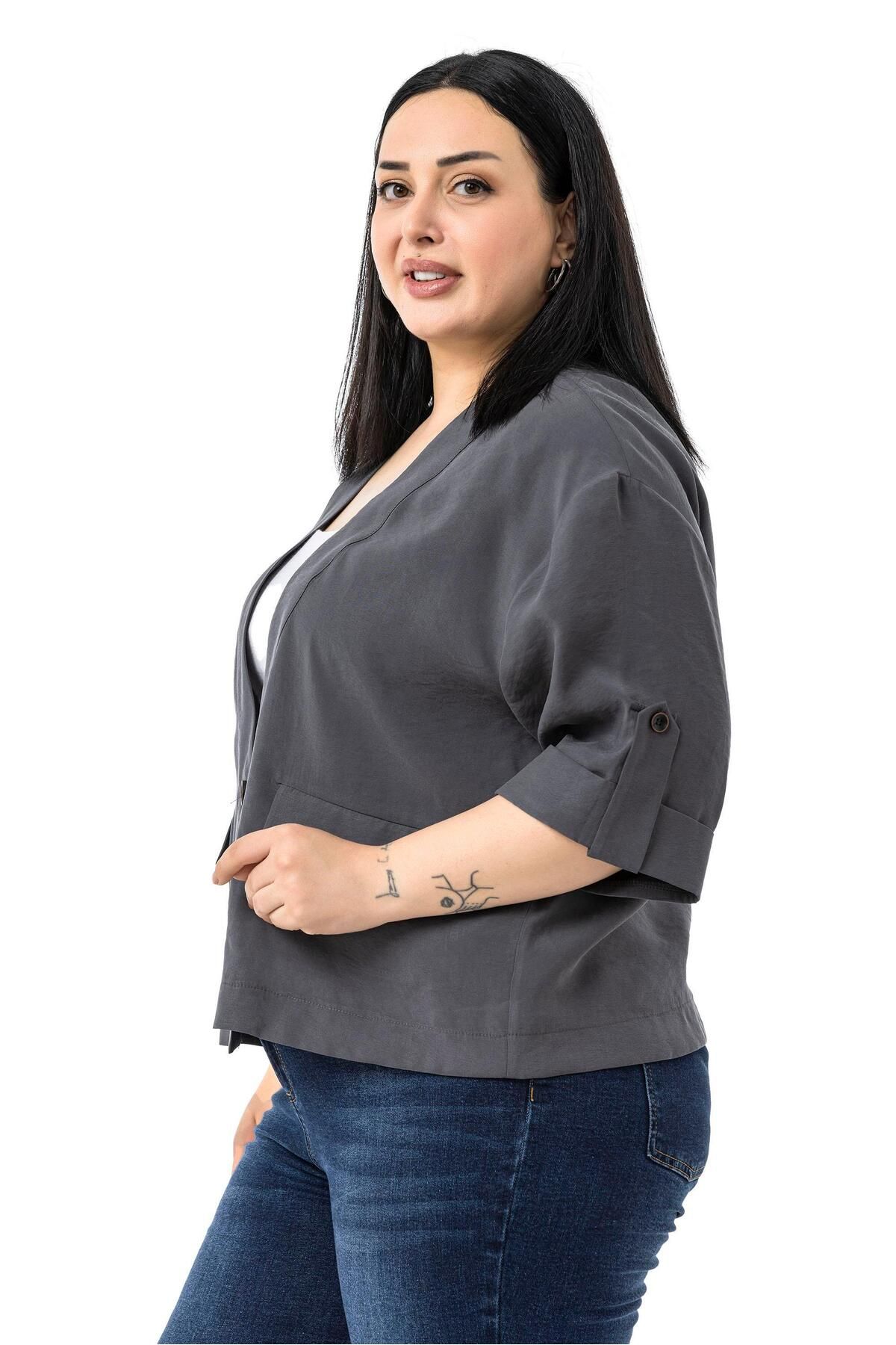 DISENTIS MODEST-Plus Size Single Button Short Anthracite Jacket with Low Half Sleeves Epaulettes Pockets 5