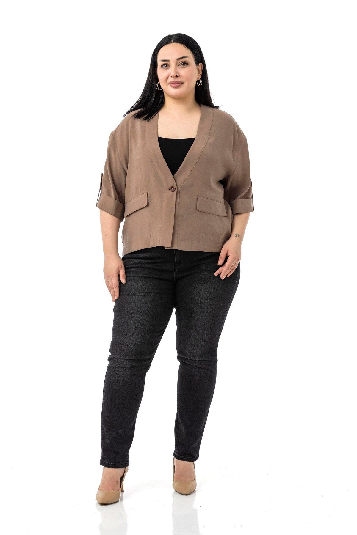 DISENTIS MODEST-Plus Size One Button Short Brown Jacket with Low Half Sleeves Epaulettes Pockets 1