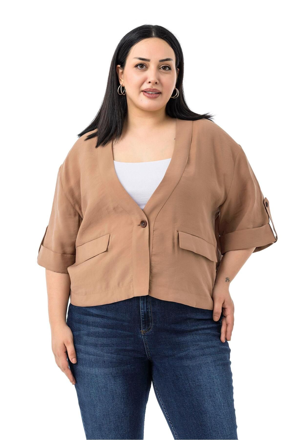 DISENTIS MODEST-Plus Size One Button Short Cinnamon Jacket with Low Half Sleeves Epaulets Pockets 2