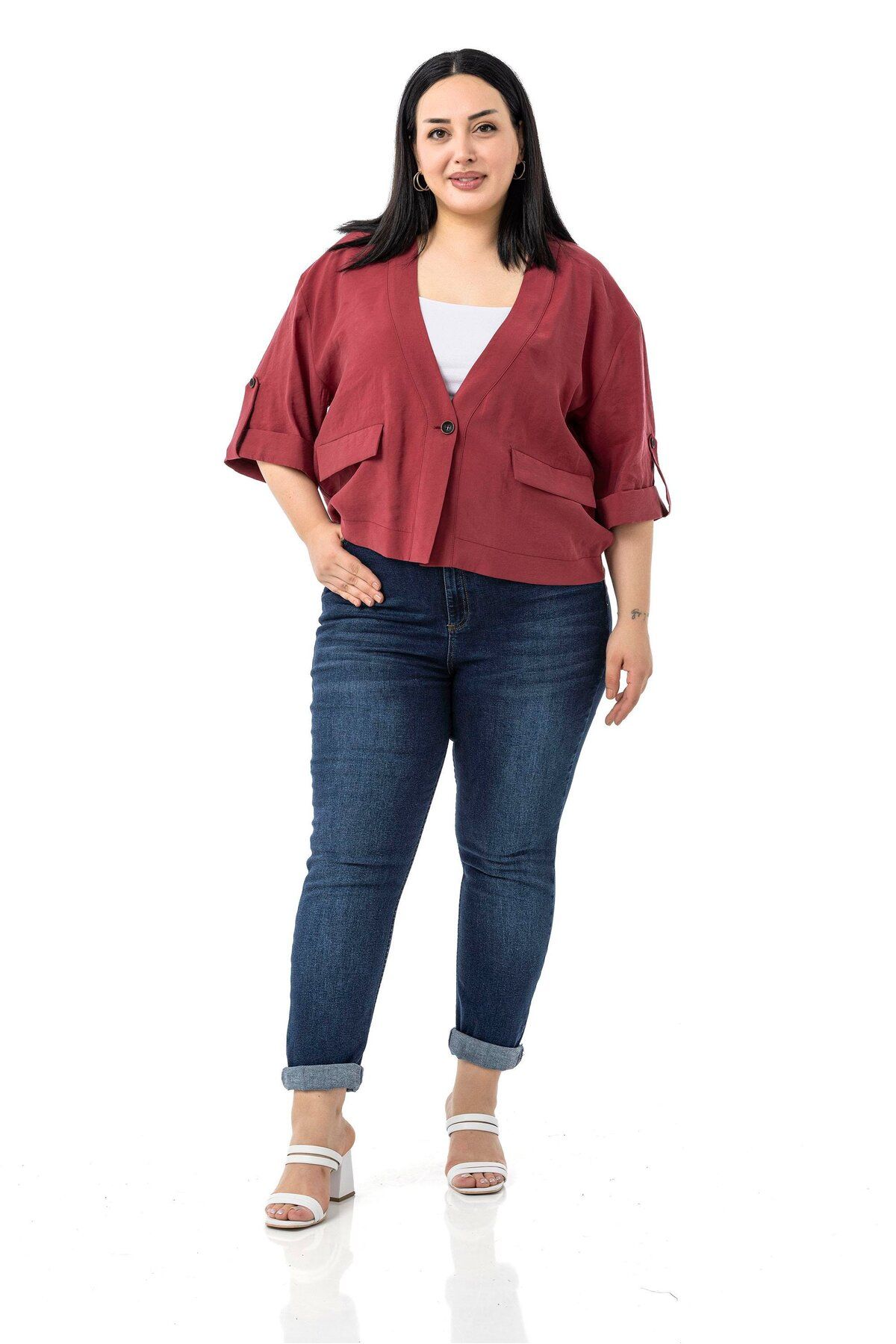 DISENTIS MODEST-Plus Size Single Button Short Burgundy Jacket with Low Half Sleeves Epaulettes Pockets 4