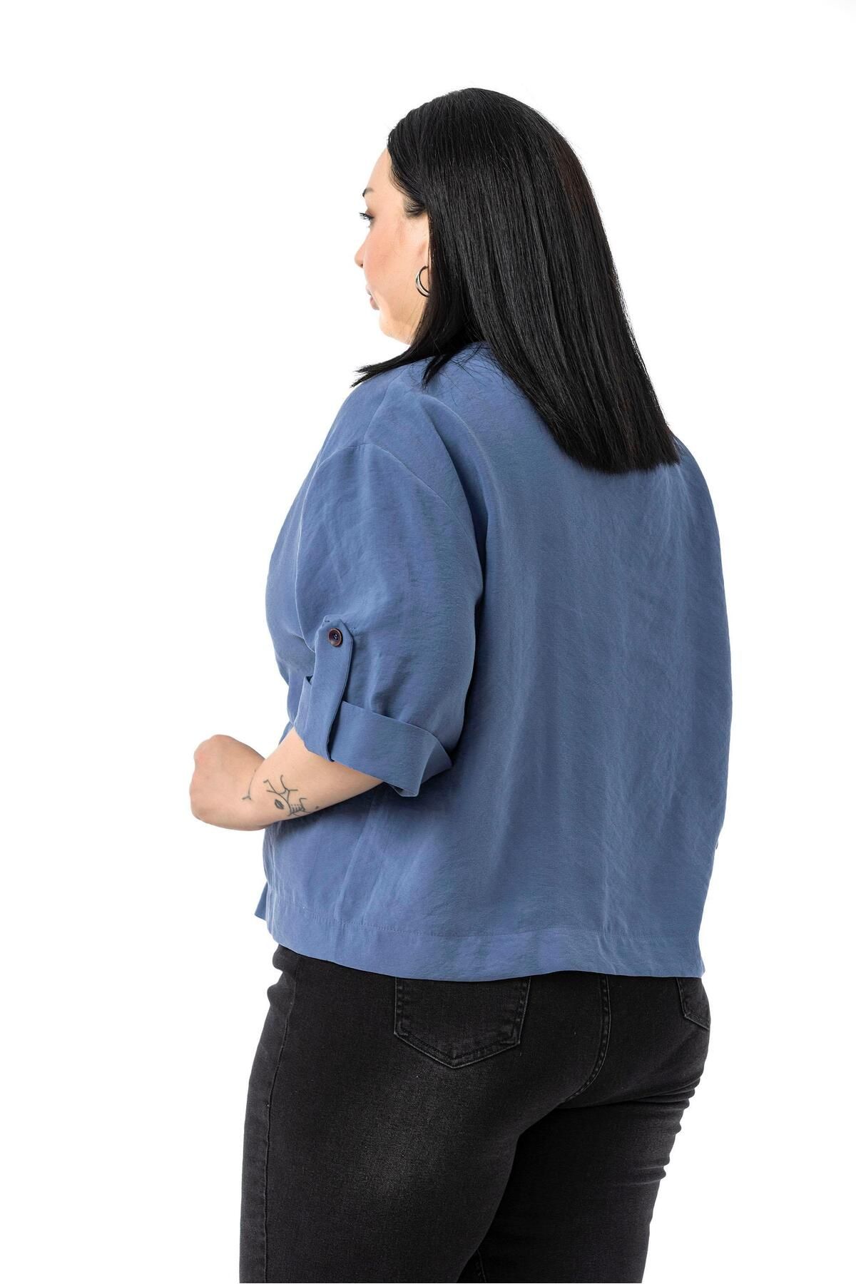 DISENTIS MODEST-Plus Size One Button Short Indigo Jacket with Low Half Sleeves Epaulets Pockets 5