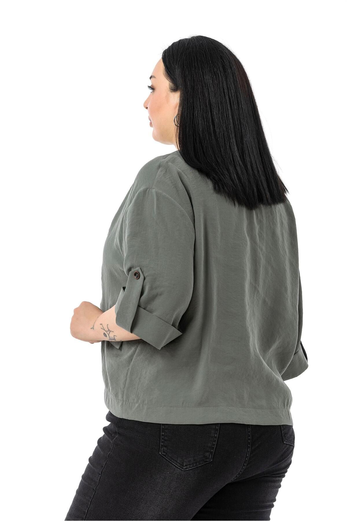 DISENTIS MODEST-Plus Size One Button Short Khaki Jacket with Low Half Sleeves Epaulets Pockets 3