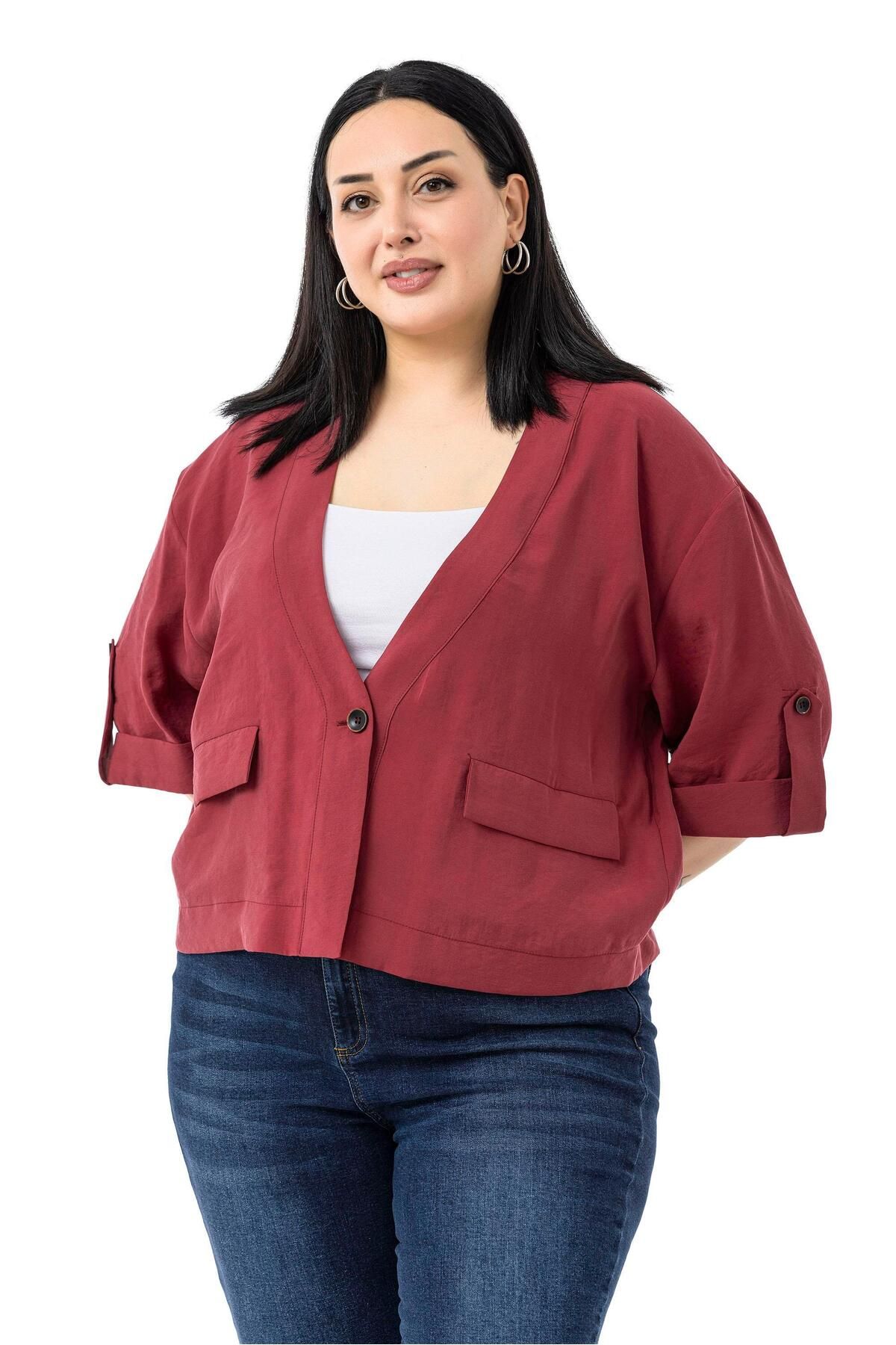 DISENTIS MODEST-Plus Size Single Button Short Burgundy Jacket with Low Half Sleeves Epaulettes Pockets 2