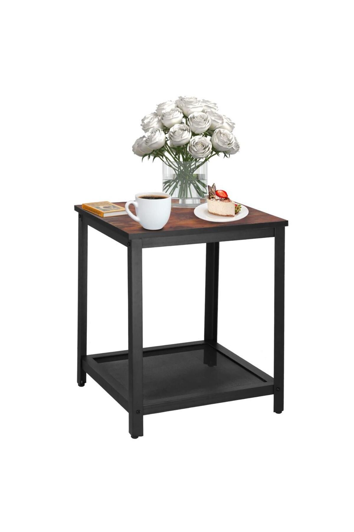 SERSIMO-Square coffee table, bedside table with steel frame and storage shelf, 45x45x55 cm, rustic brown 15