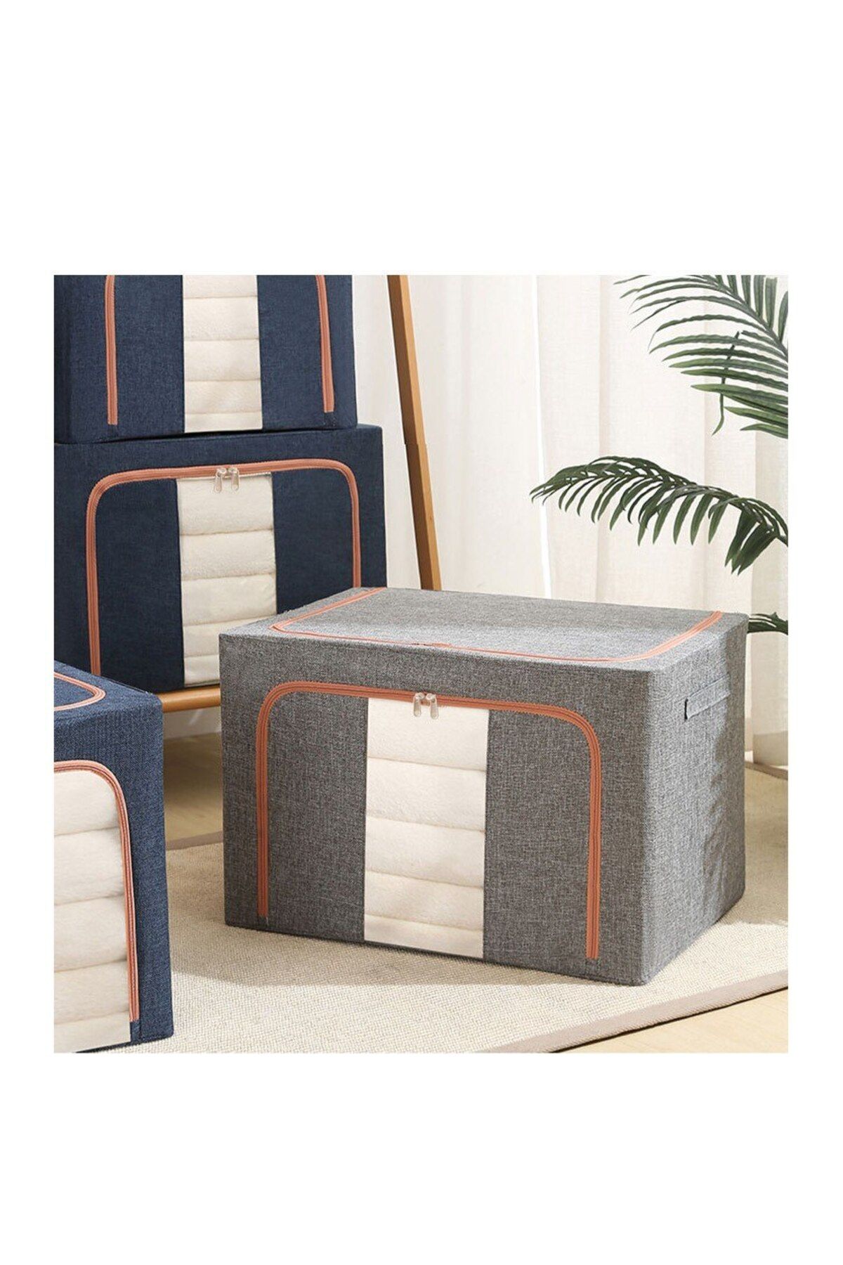 Royal-Foldable Storage Box, 66 L, Cotton and Linen, 50x40x33 cm, Front Window, 2-Way Zipper, Metal Frame, 4
