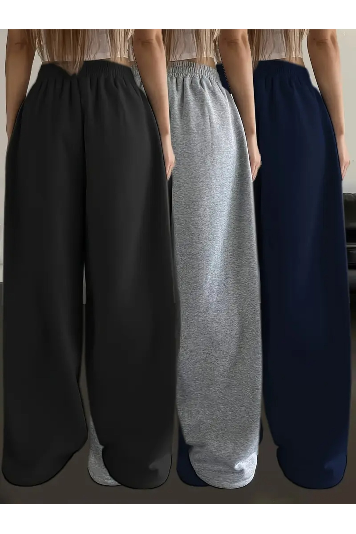 CAONNES  3 lü Siyah Gri Lacivert Unisex Baggy Iki Iplik Oversize Eşofman Pantolon - Görsel 6