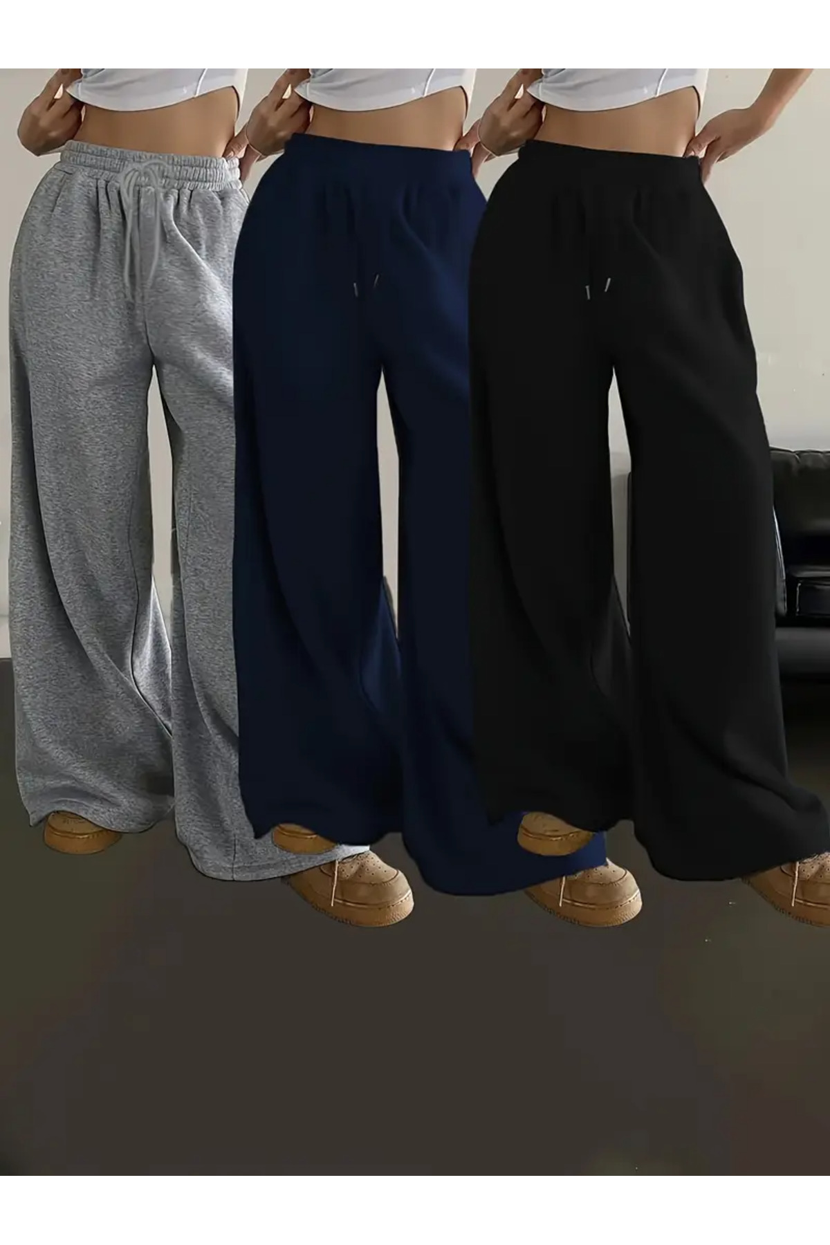 CAONNES  3 lü Siyah Gri Lacivert Unisex Baggy Iki Iplik Oversize Eşofman Pantolon - Görsel 5