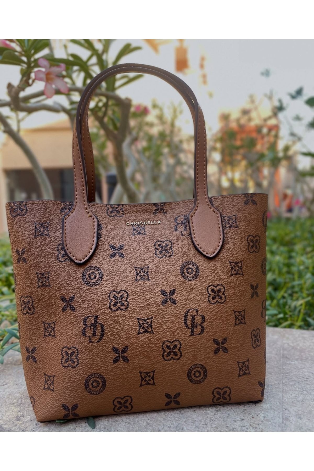 Chrisbella-Designer Tote Bag, Monogram Pattern with Leather Handles 1