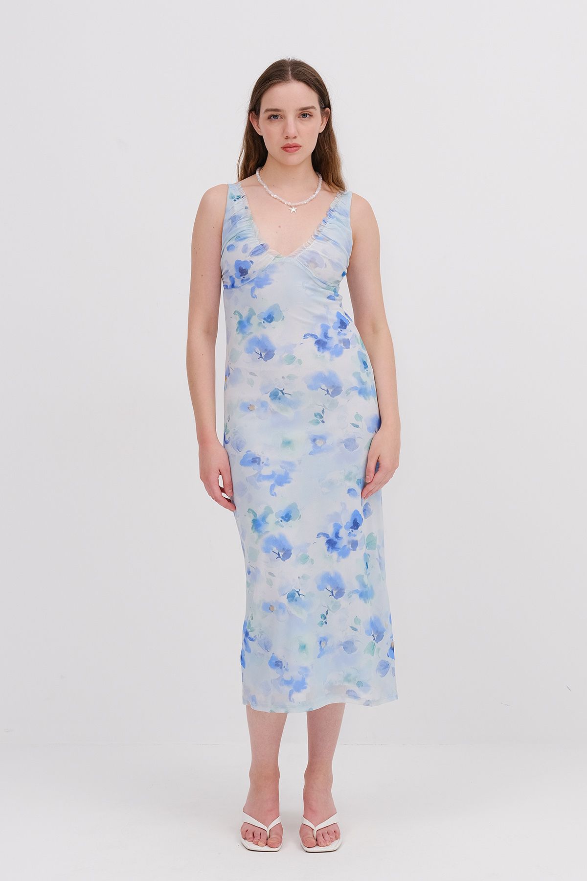 Addax-Floral Patterned Tulle Midi Dress E17009-J10 1