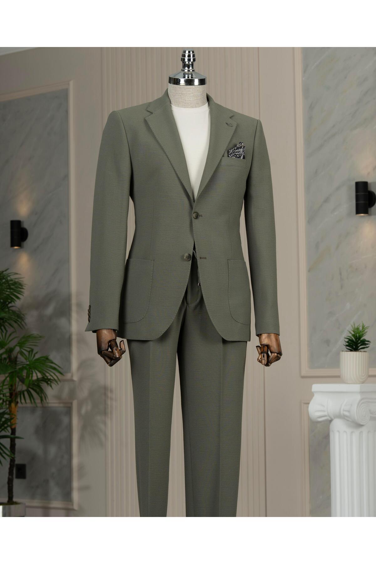 TerziAdemAltun İtalyan stil slim fit mono yaka ceket pantolon takım elbise yeşil T14472