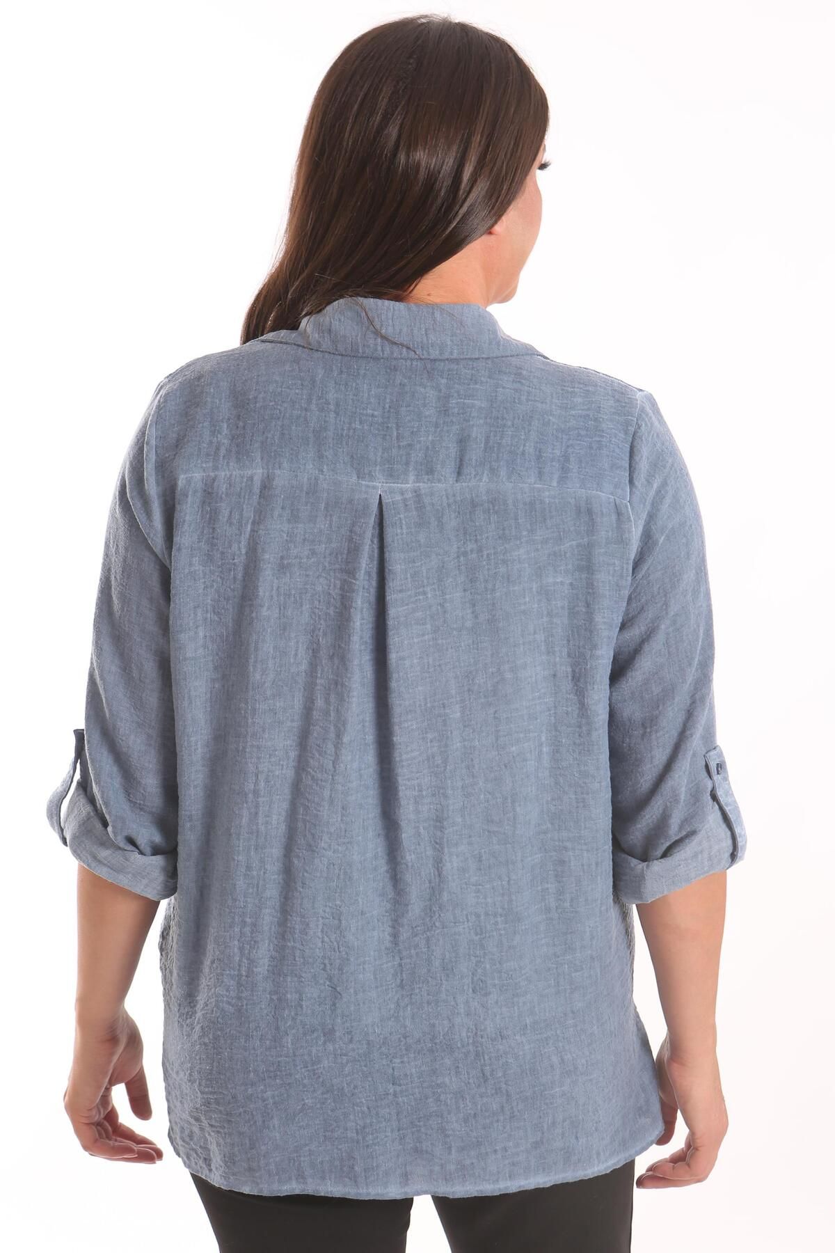 SERTUĞ-Tren42plus Plus Size Stone Printed Indigo Πουκάμισο Μπλούζα Σετ δύο τεμαχίων 7