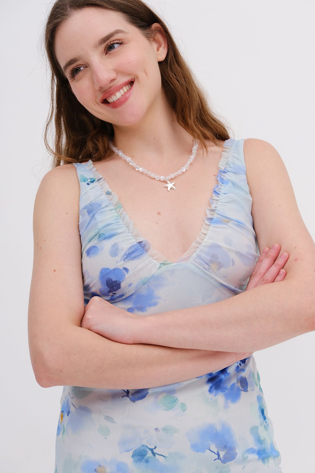Addax-Floral Patterned Tulle Midi Dress E17009-J10 2