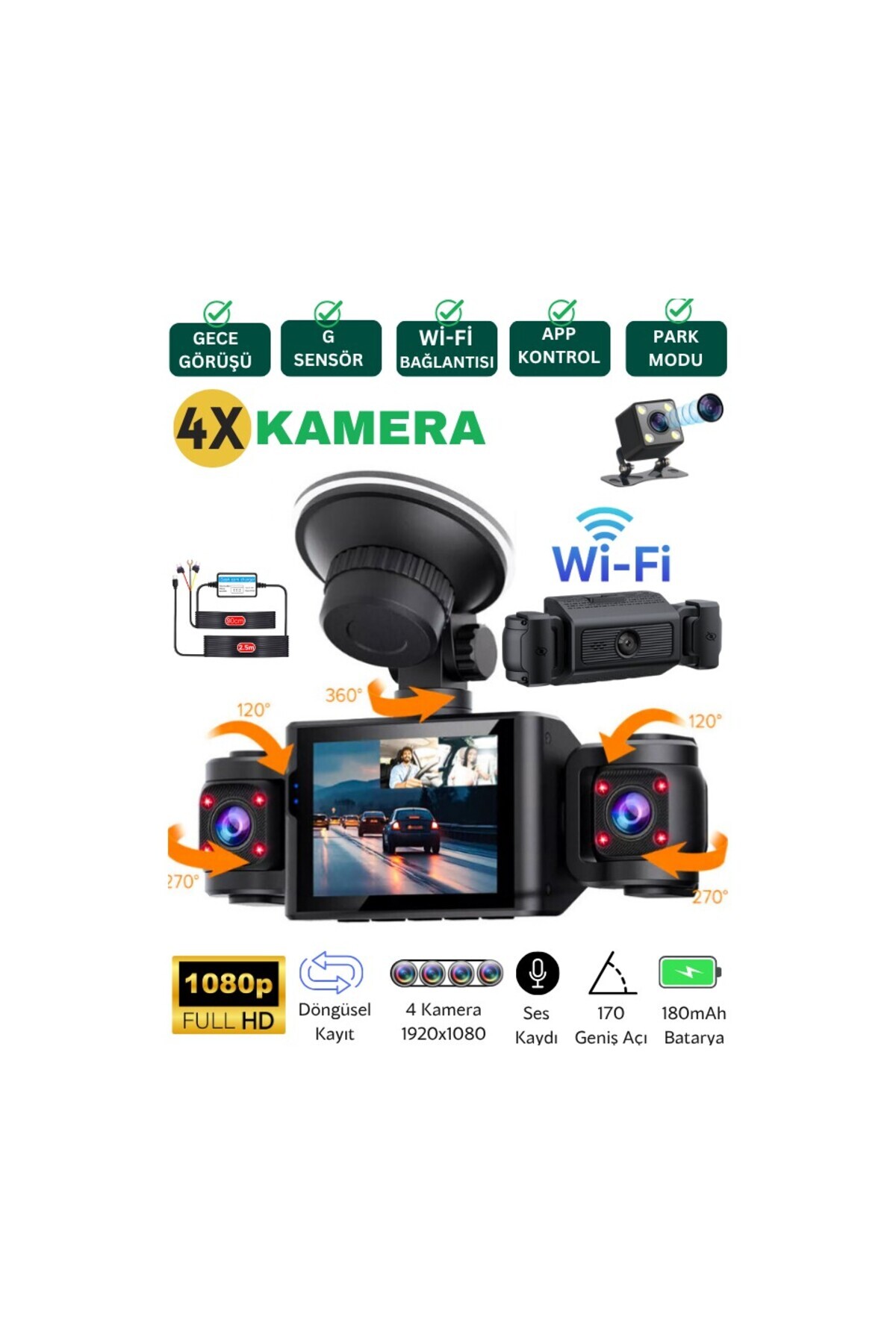 Mmctech CC40 Wifi Full Hd Türkçe 4 Kameralı Araç Içi Güvenlik Kamerası Park Modu Gece Görüşlü Dashcam