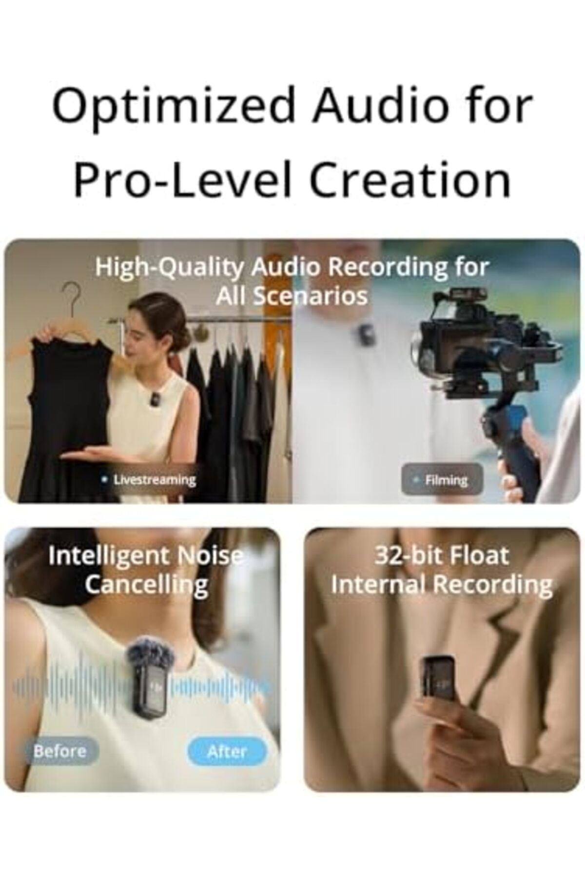 DJI-Mic 2, Wireless Lavalier Microphone, Noise Cancelling, 48kHz 32-bit Float Internal Recording, 82 8