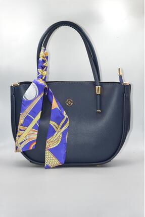 Shoemix Kadın Lacivert Kurdele Süslü Fermuarlı ve Askılı Günlük Şık Çanta