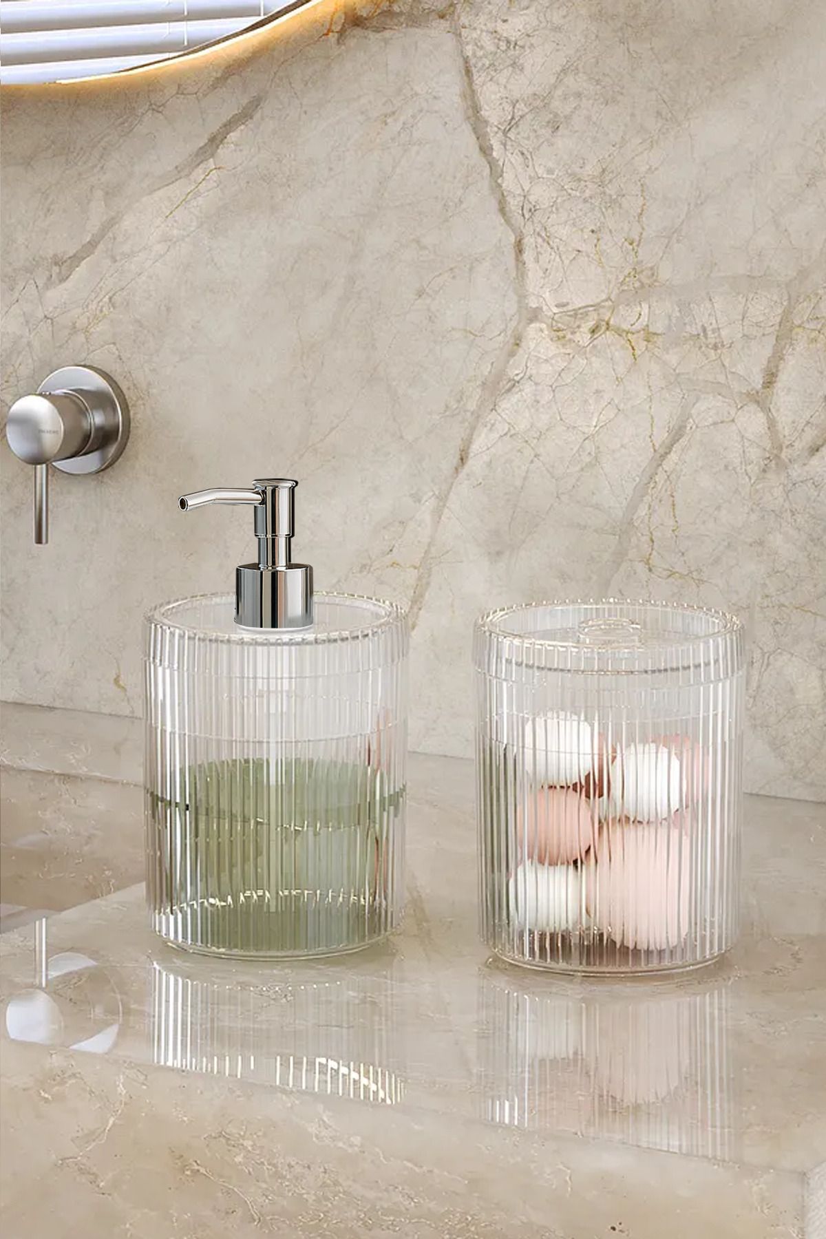 DOVİHOME-Double XL Large Size Striped 700ml Countertop Silver Pump Liquid Soap Dispenser and Cotton Lint Set Transparent 1