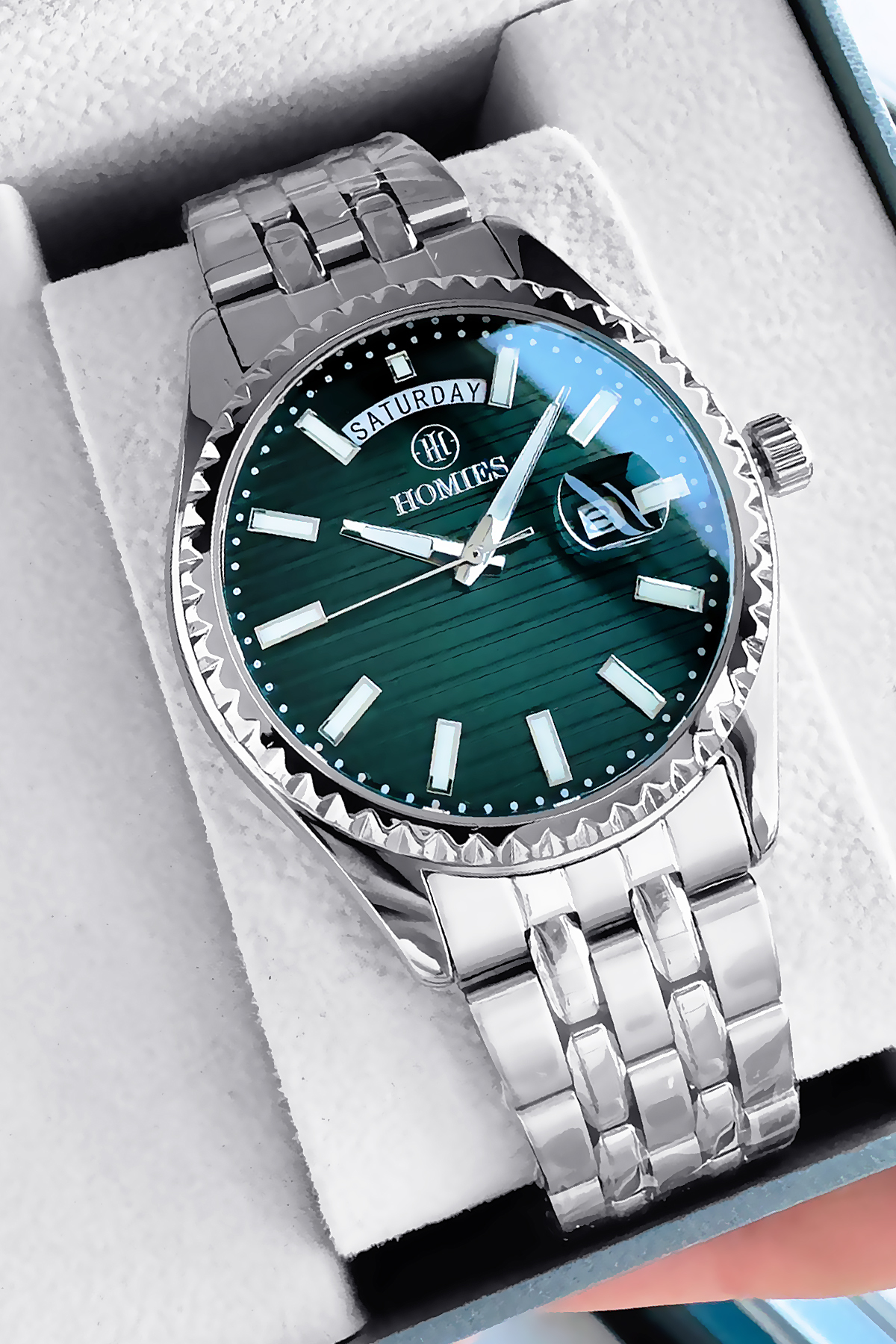 Homies Fosforlu Rolex Modeli Erkek Saat Seti Petrol Mavisi Çelik