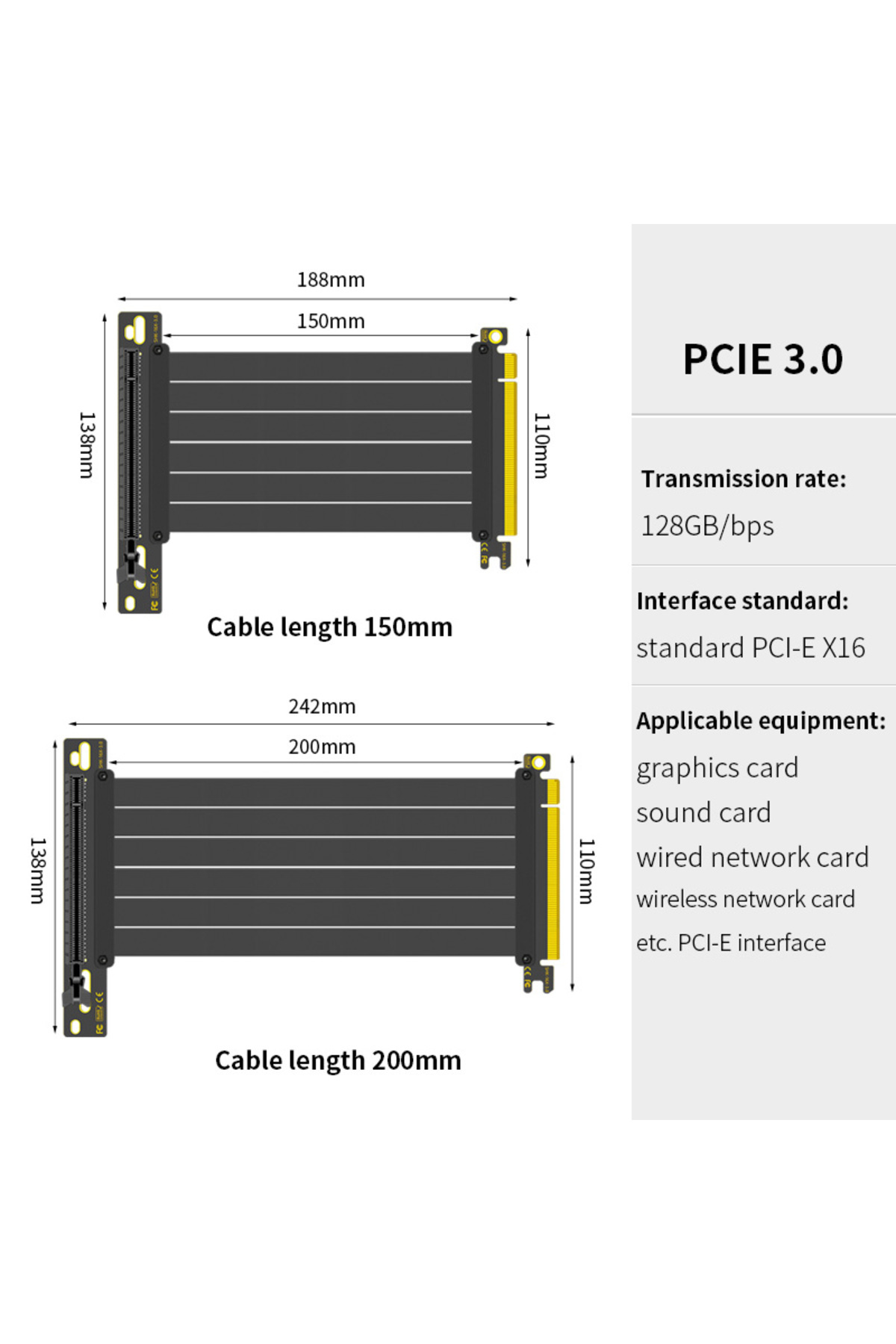 Choice-20cm PCI-E3.0 Black Teucer PCI-E Express 4.0 16X Riser Video Card Extension Shielded Flexible Cable 1