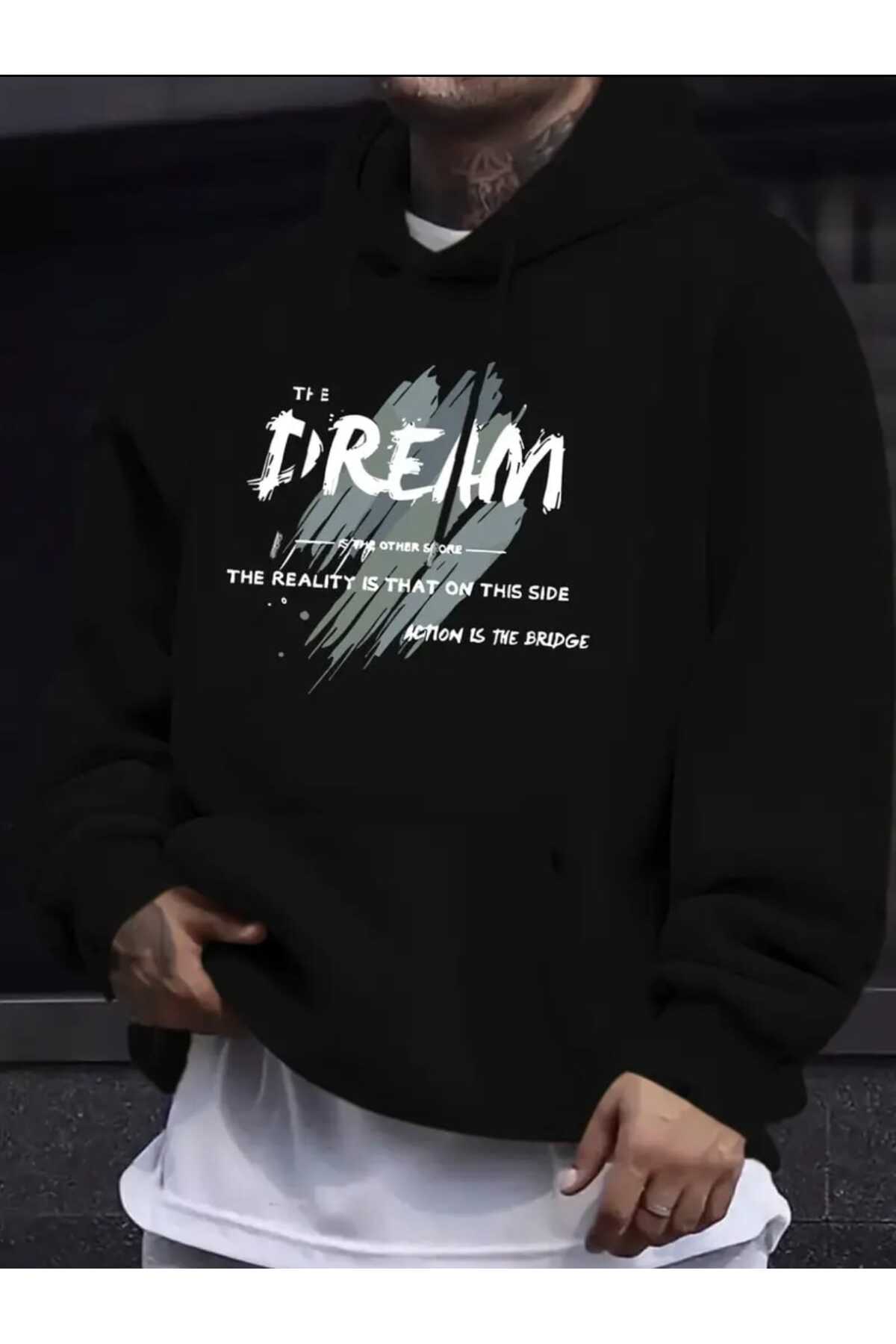 caddekombin The Dream Bridge Printed Hooded Pocket Black Sweatshirt with Wool Inside