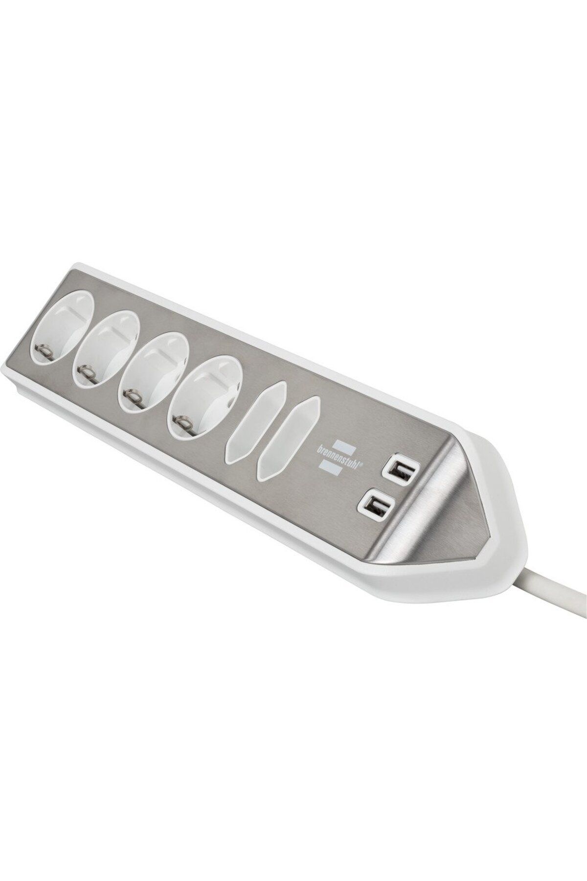 Brennenstuhl-Prelungitor pentru perete colt Estilo 6 prize, 2 USB, 3.1 A, 2m Inox, Adeziv inclu 2
