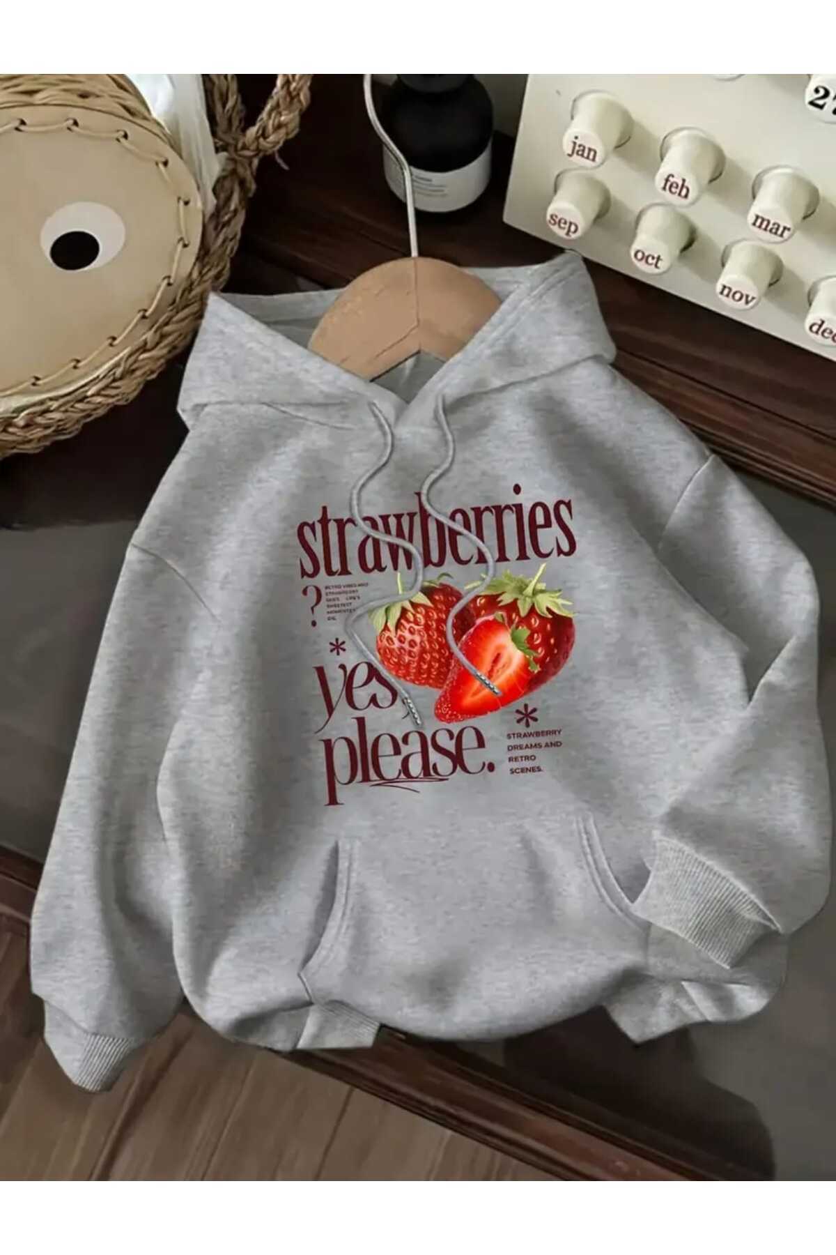 Strawberries Printed Hooded Cotton Grey Sweatshirt with Pocket