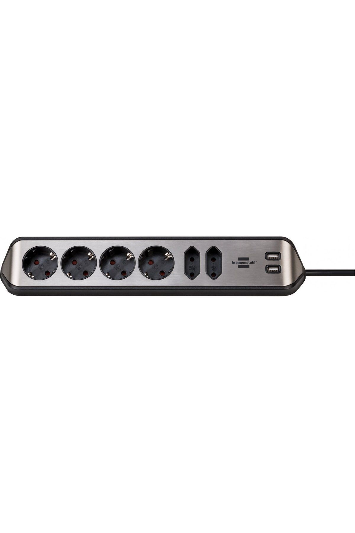 Brennenstuhl-Prelungitor pentru perete colt Estilo 6 prize, 2 USB, 3.1 A, 2m Inox, Adeziv inclu 1