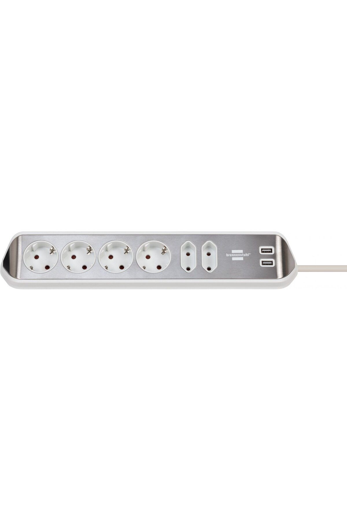 Brennenstuhl-Prelungitor pentru perete colt Estilo 6 prize, 2 USB, 3.1 A, 2m Inox, Adeziv inclu 1
