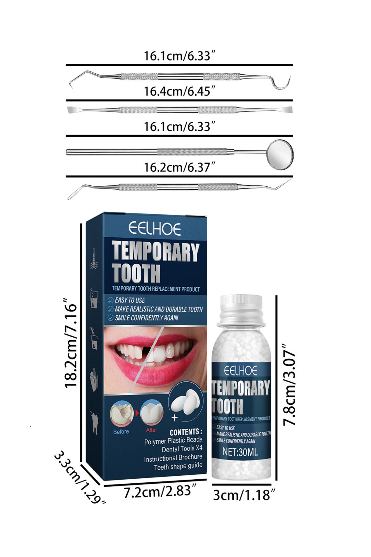 EELHOE-طقم أسنان مؤقت مع 4 أدوات أسنان، طقم بدائل أسنان قابلة للتشكيل للتثبيت، الجذر، 30 مل 7