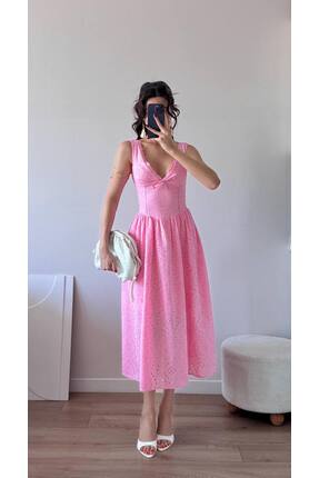 LOCH BUTİK Kadın Pembe Askılı Astarlı Şerit Dantelli Midi Elbise