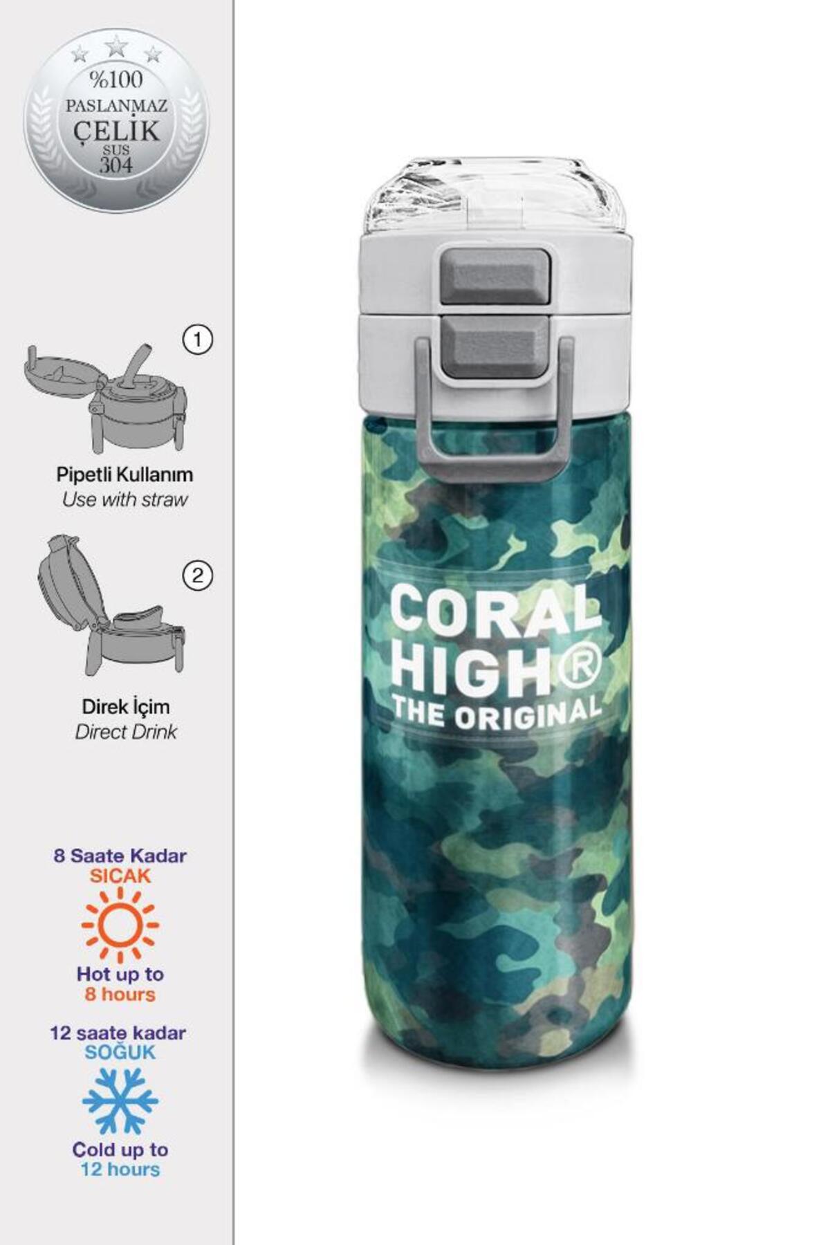 Kids Nefti Kamuflaj Desenli Pipetli ve Direkt İçim Çelik Termos 500 ml 31845
